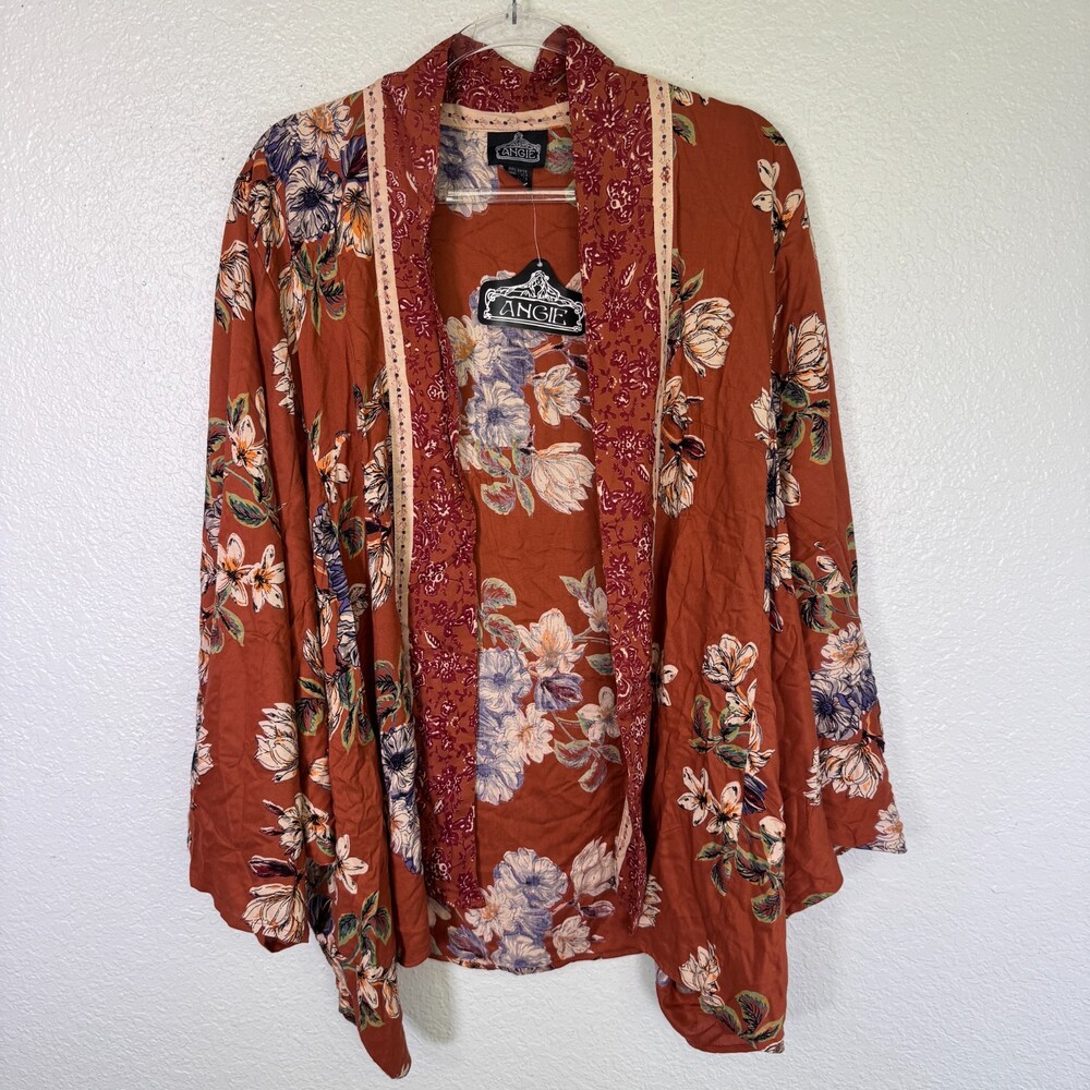 Angie Kimono Womens 1X Fall Floral Cardigan Flowy Plus Size Boho Western NEW